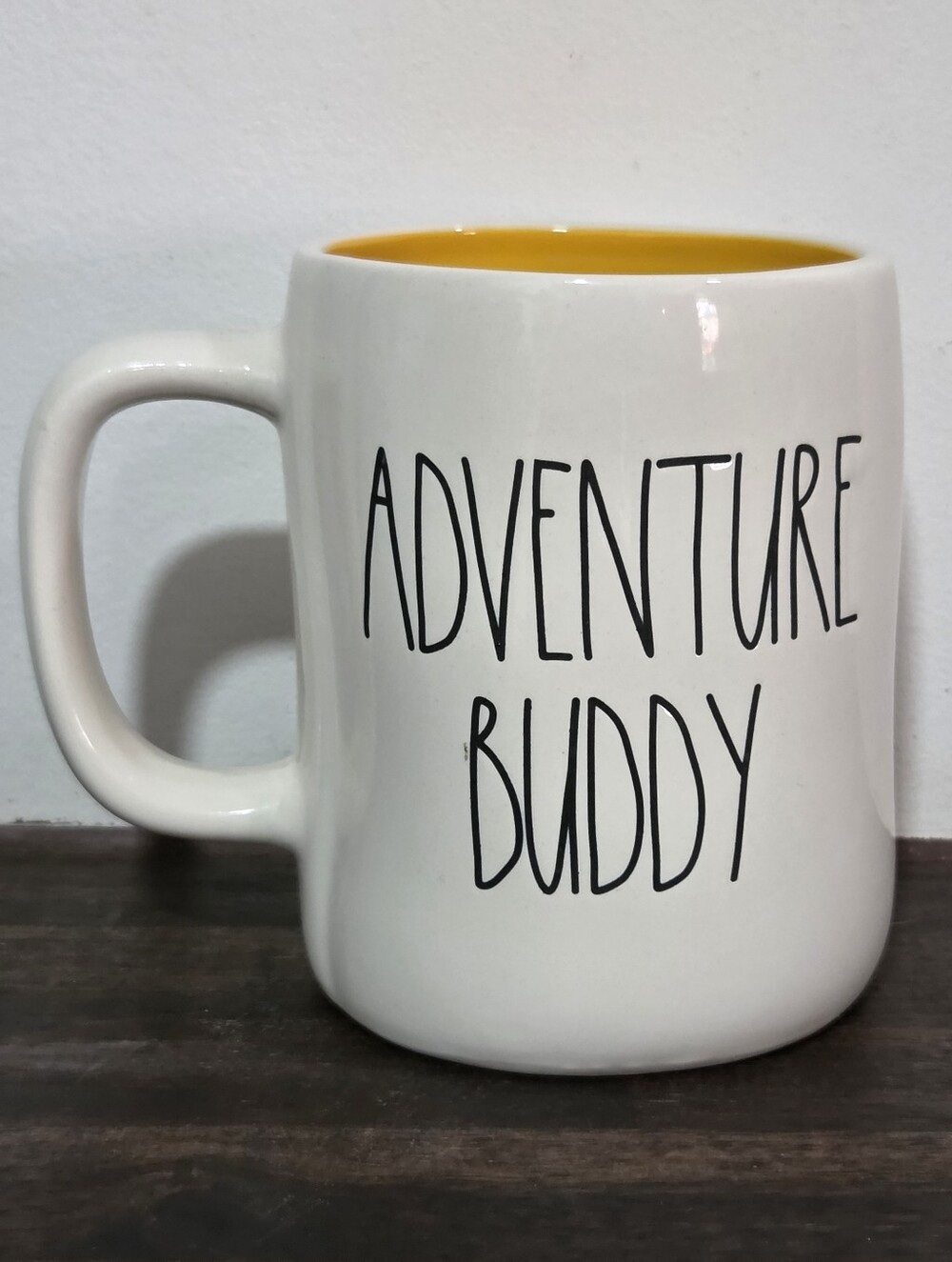 Rae Dunn X Up Adventure Buddy White Ceramic Mug with Yellow Interior
